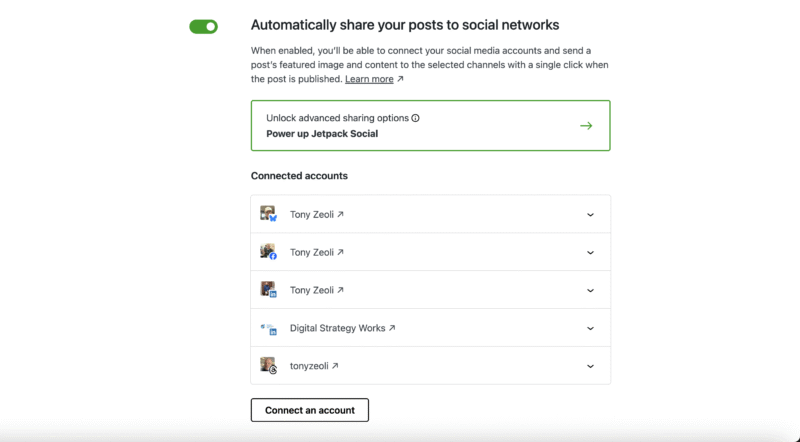Screenshot of the JetPack Social Share Connection panel with networked connections enabled.
