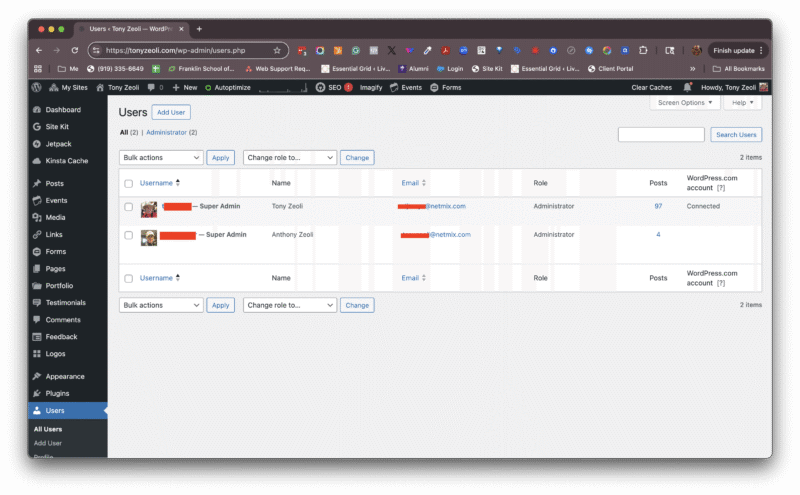 Screenshot of User Table in WordPress