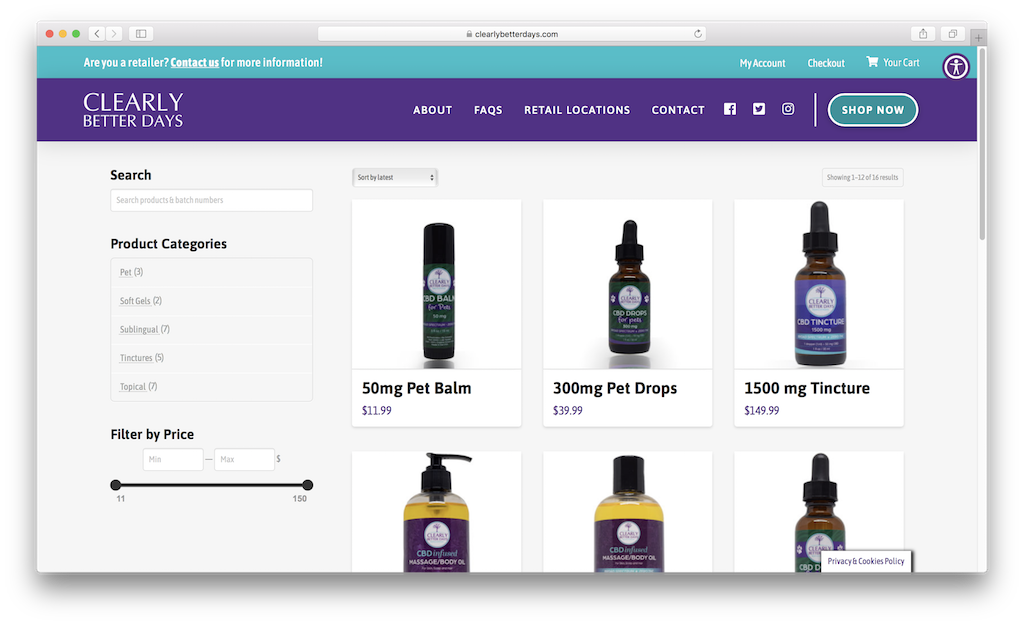 Clearly Better Days CBD website product and category filter and search